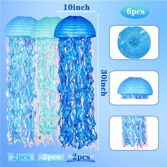 Blue Jellyfish Paper Lanterns Under The Sea Mermaid Baby Shower Party Decor - Picture 3 of 7